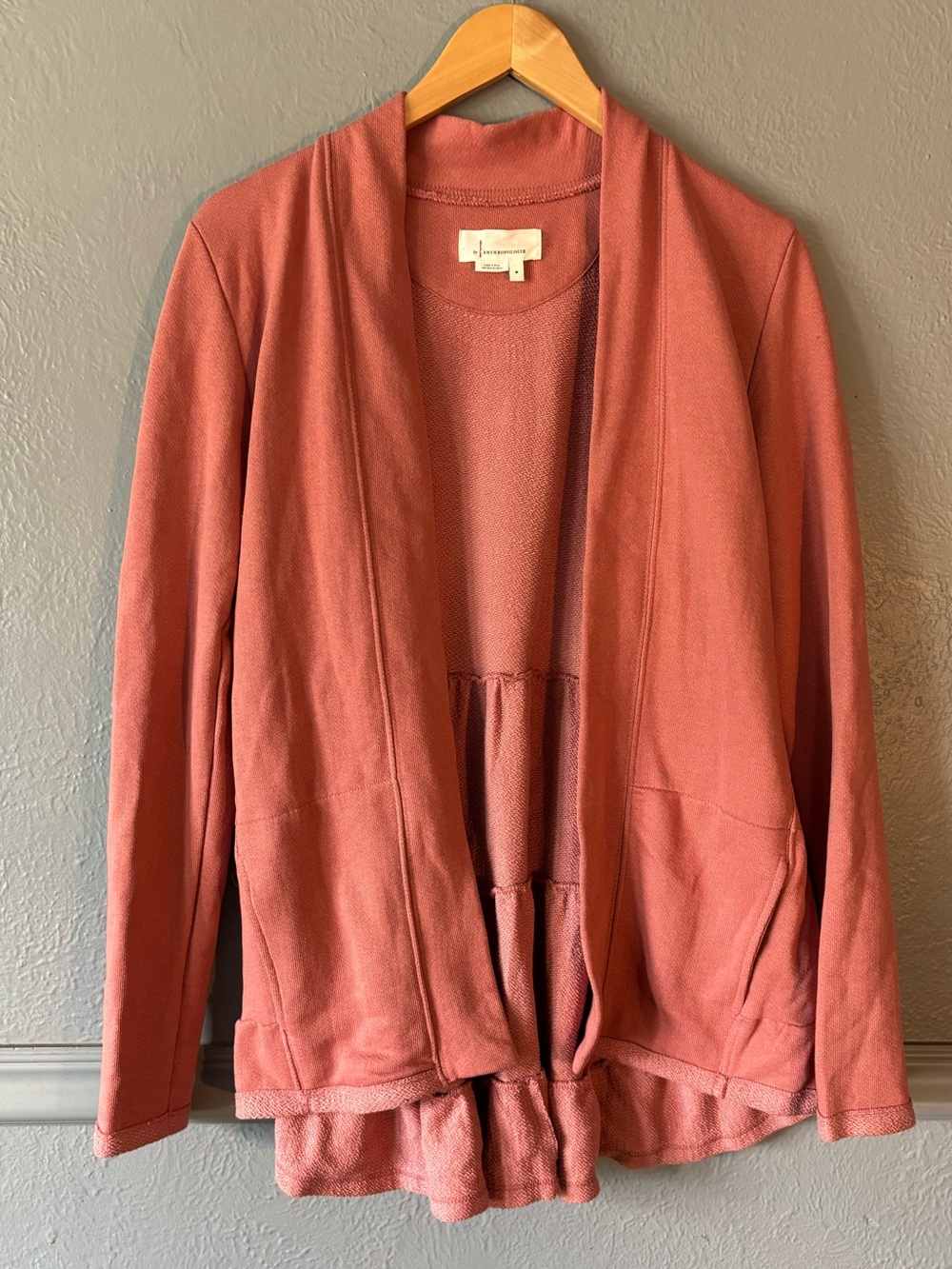 Anthropologie Ruffle Hem Open Front Sweatshirt Cardigan Mauve M